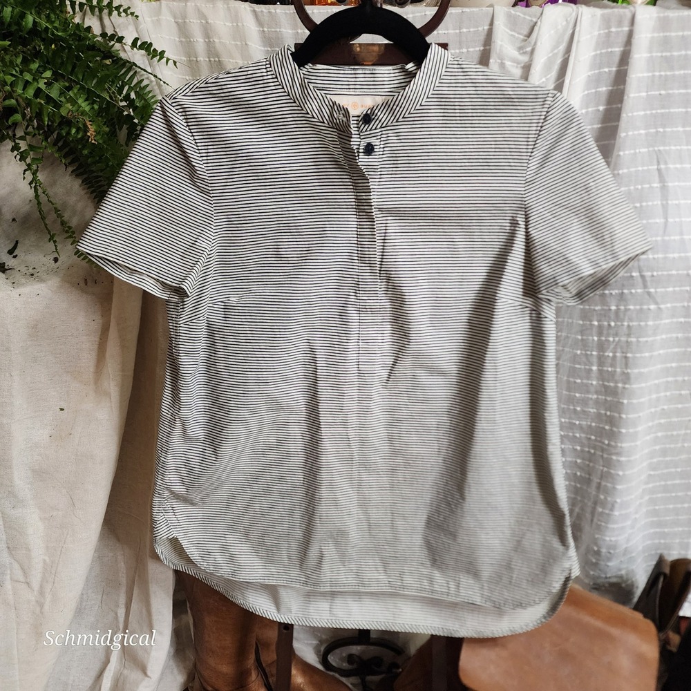 Tory Burch Navy White Striped Short Sleeve Band Collar Popover Shirt Size 4